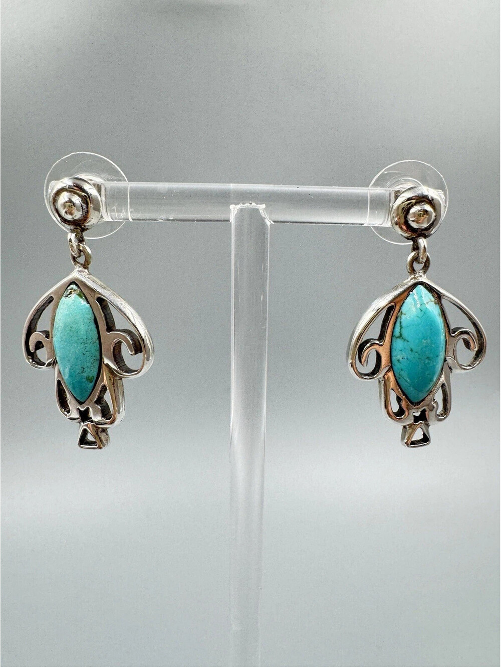 925 Sterling Silver Vintage Real Turquoise Floral Dangle Earrings